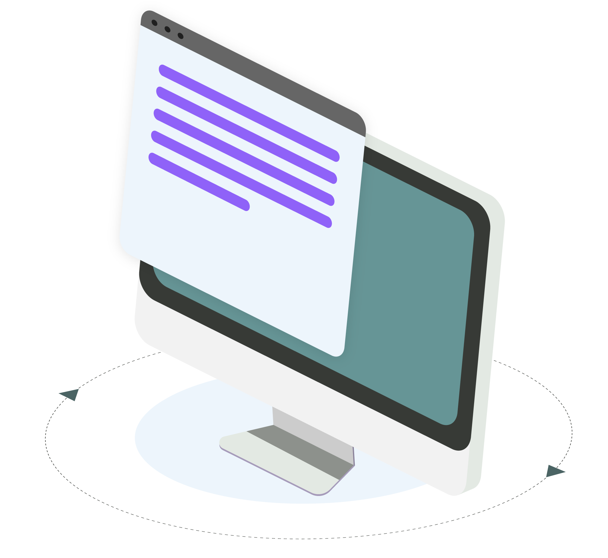 Illustration of a desktop computer with a floating document window displaying purple text lines
