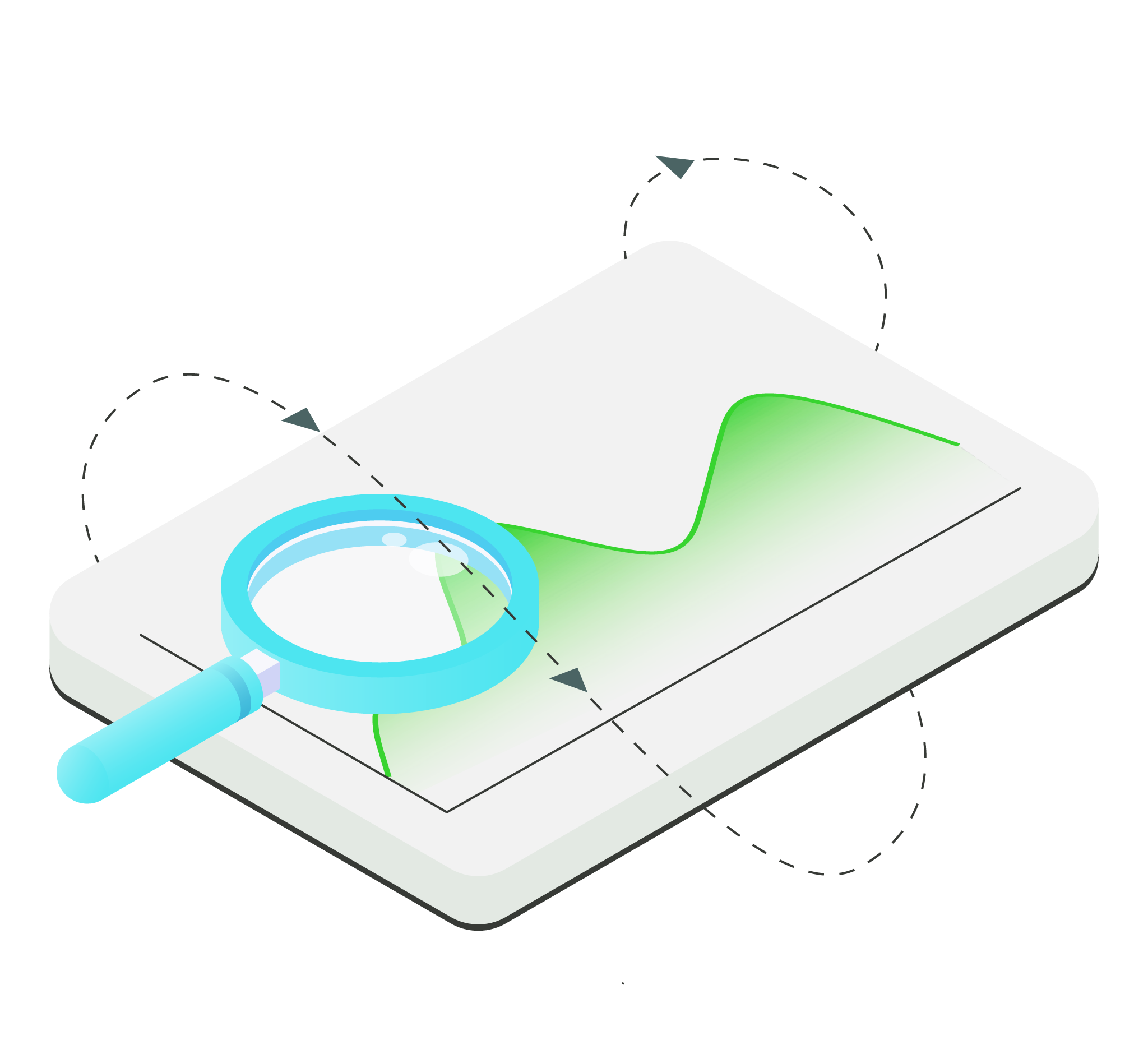 Illustration of a magnifying glass analyzing a green line graph on a digital screen