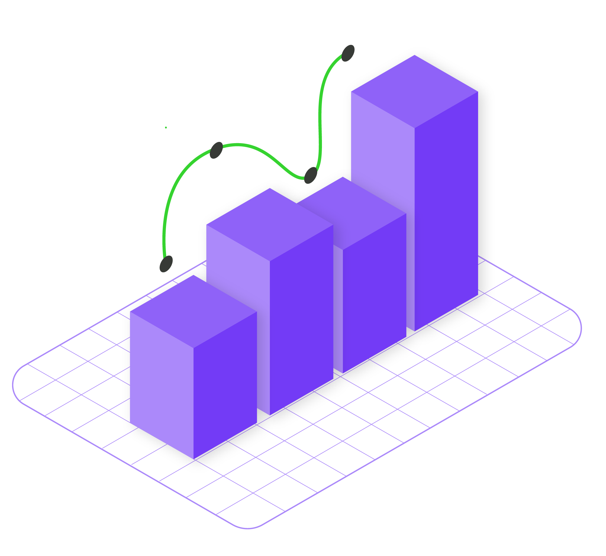 3D bar chart with upward green trend line indicating data growth or performance improvement.