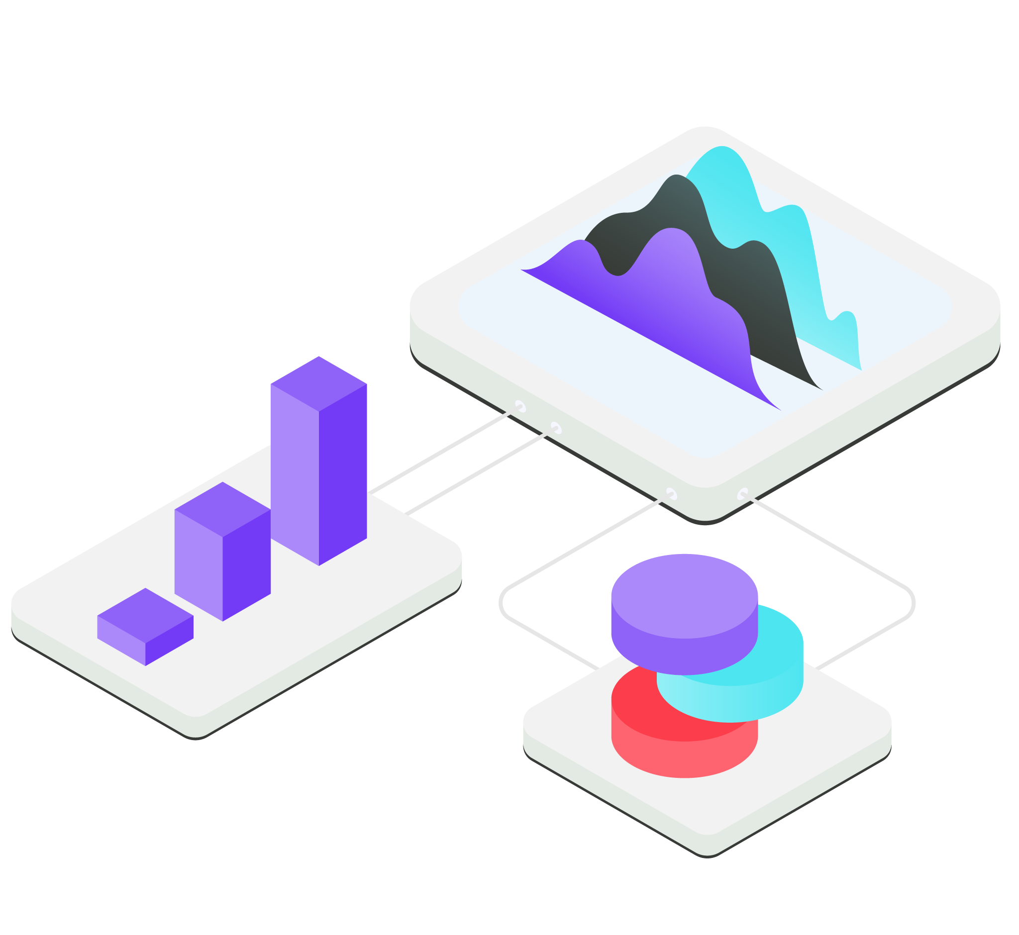Abstract 3D graphic showing bar, pie, and area charts connected by data flow lines.
